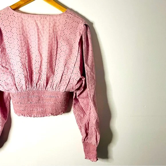 Soft Girl Pastel Pink Eyelet Puff Sleeve Crop Top - Picture 9 of 11
